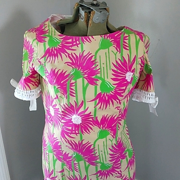 LILLY PULITZER FLORAL HOT PINK GREEN COTTON/SPANDEX DRESS WOMANS 6 - Picture 2 of 10